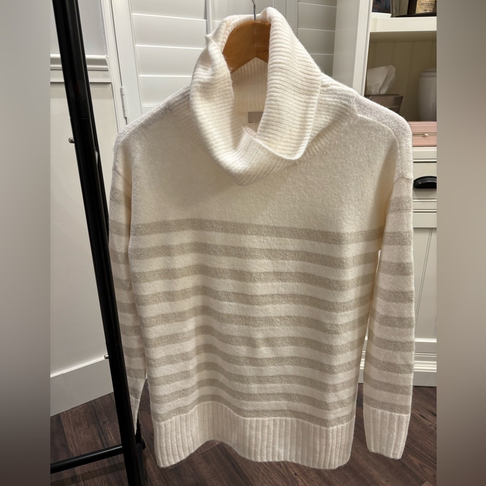 LOFT Elegant Cowl Neck Sweater - Cream and Gray